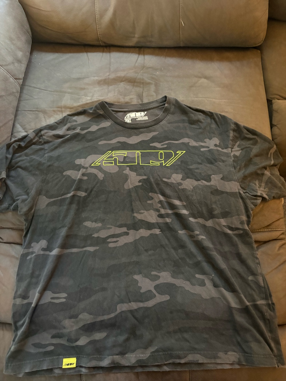 Men's Black Camo Tee with Neon Green Logo